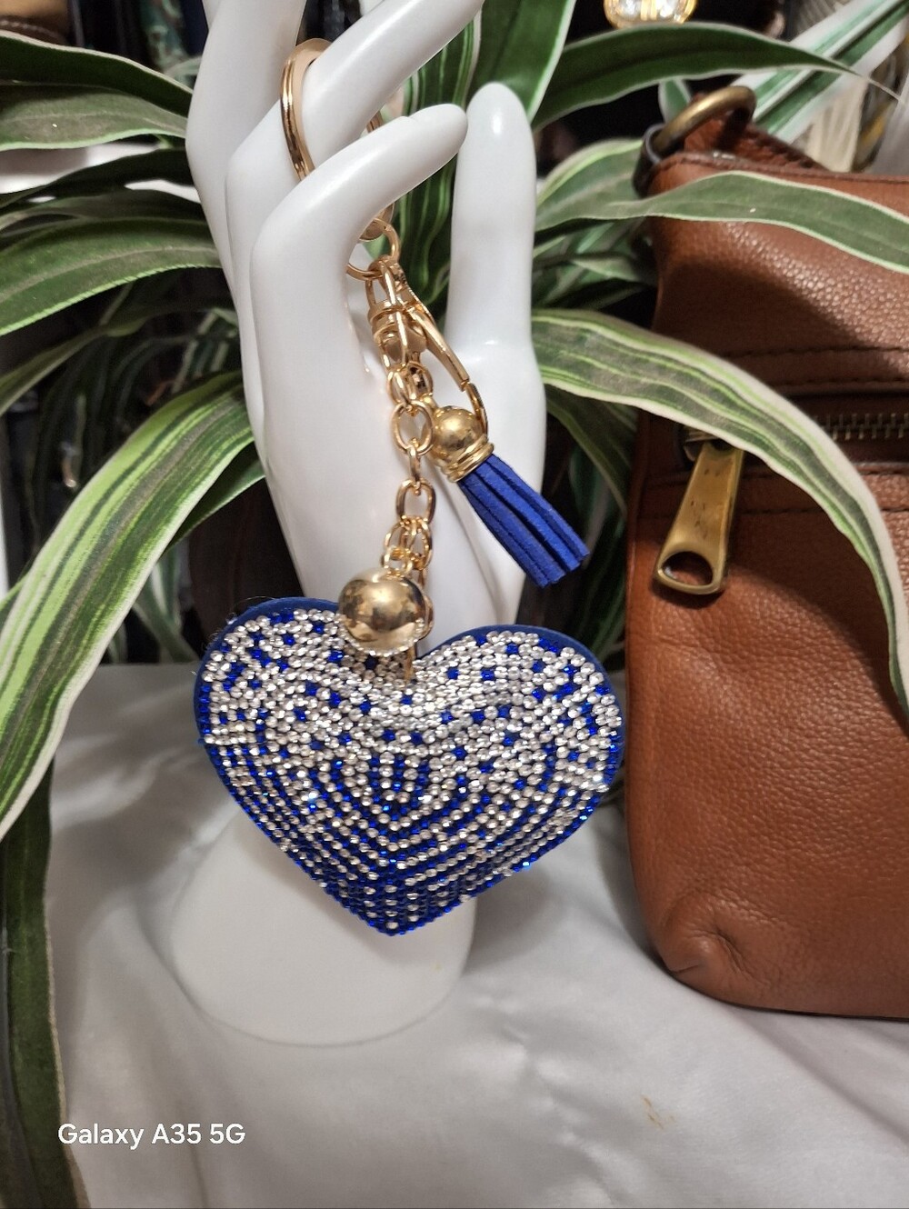 Heart Bag Charm Keychain with Crystal Stones Gold Tone Blue